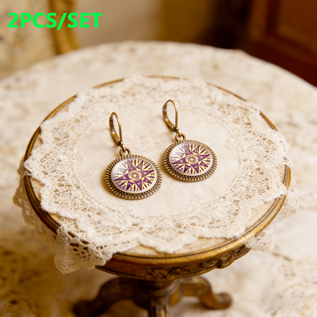 2pc Classic Pendant Earrings Set with Hooks, Compass Design